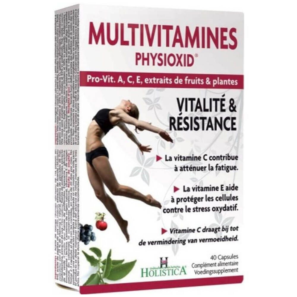 Boîte de compléments alimentaires. Inscription: Multivitamines Physioxid. Image d'une femme.