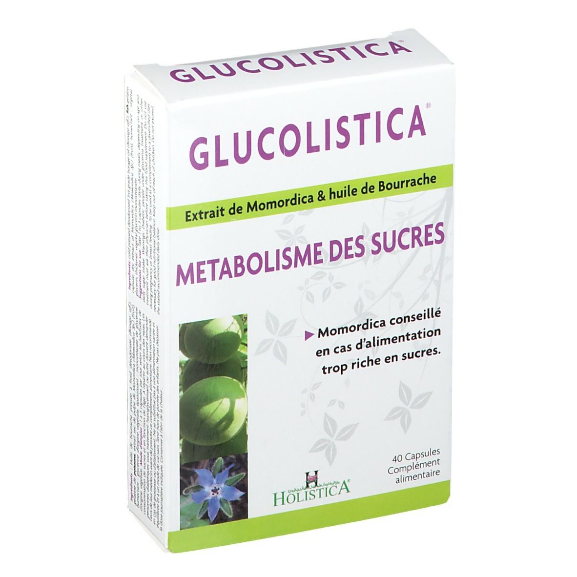 Boîte blanche GLUCOLISTICA. Texte: Extrait de Momordica & huile de Bourrache, METABOLISME DES SUCRES. 40 capsules.