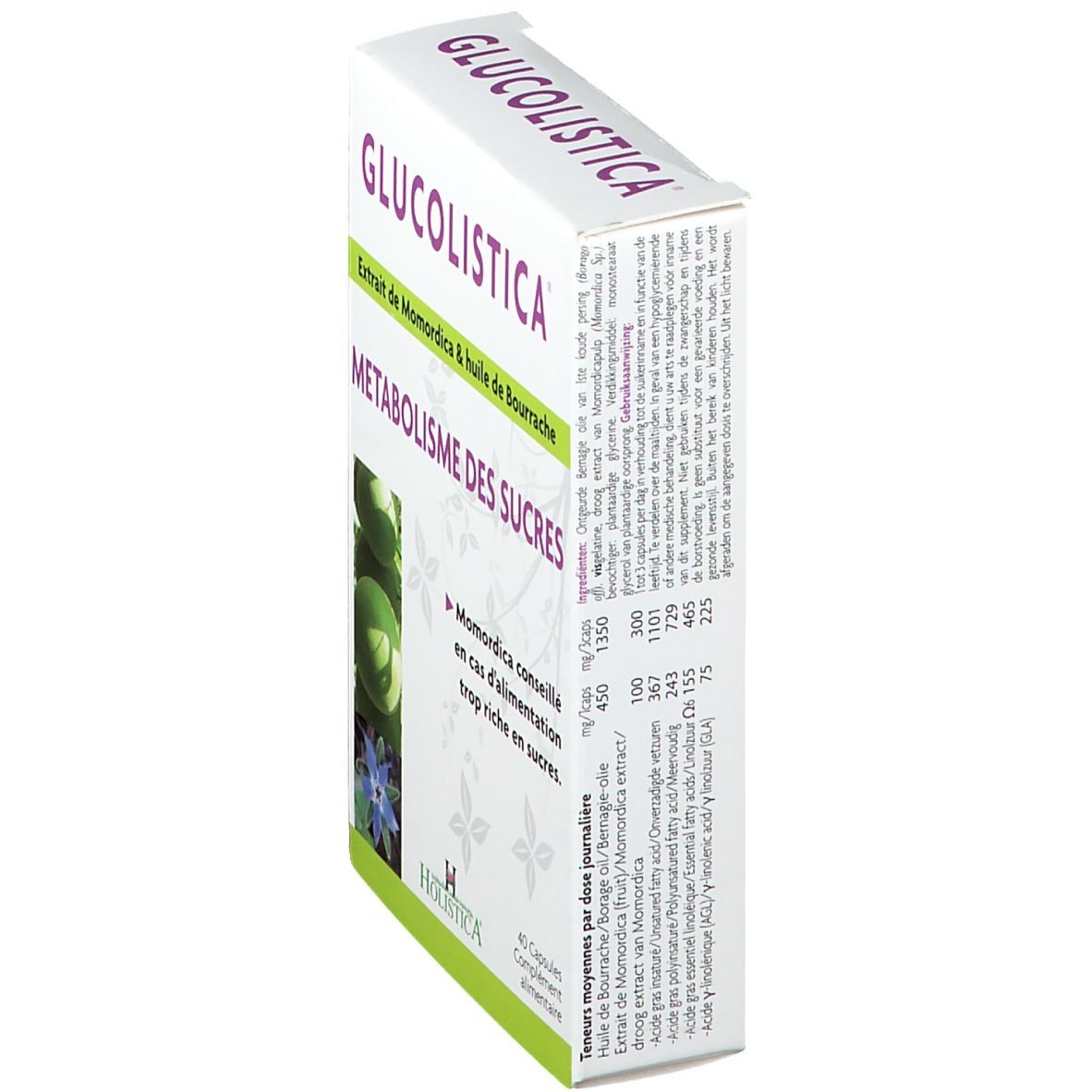 Boîte GLUCOLISTICA en biais. Texte: Extrait de Momordica & huile de Bourrache, METABOLISME DES SUCRES. 40 capsules. Ingrédients et valeurs nutritionnelles.