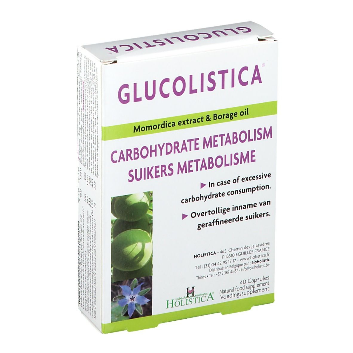 Boîte GLUCOLISTICA avec texte: Carbohydrate Metabolism, Suikers Metabolisme. 40 capsules. Logo HOLISTICA.