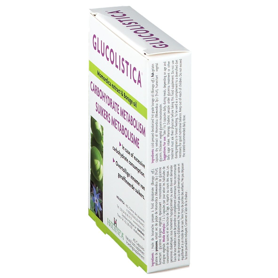 Boîte GLUCOLISTICA en biais. Texte: Carbohydrate Metabolism, Suikers Metabolisme. 40 capsules. Ingrédients et mode d'emploi.
