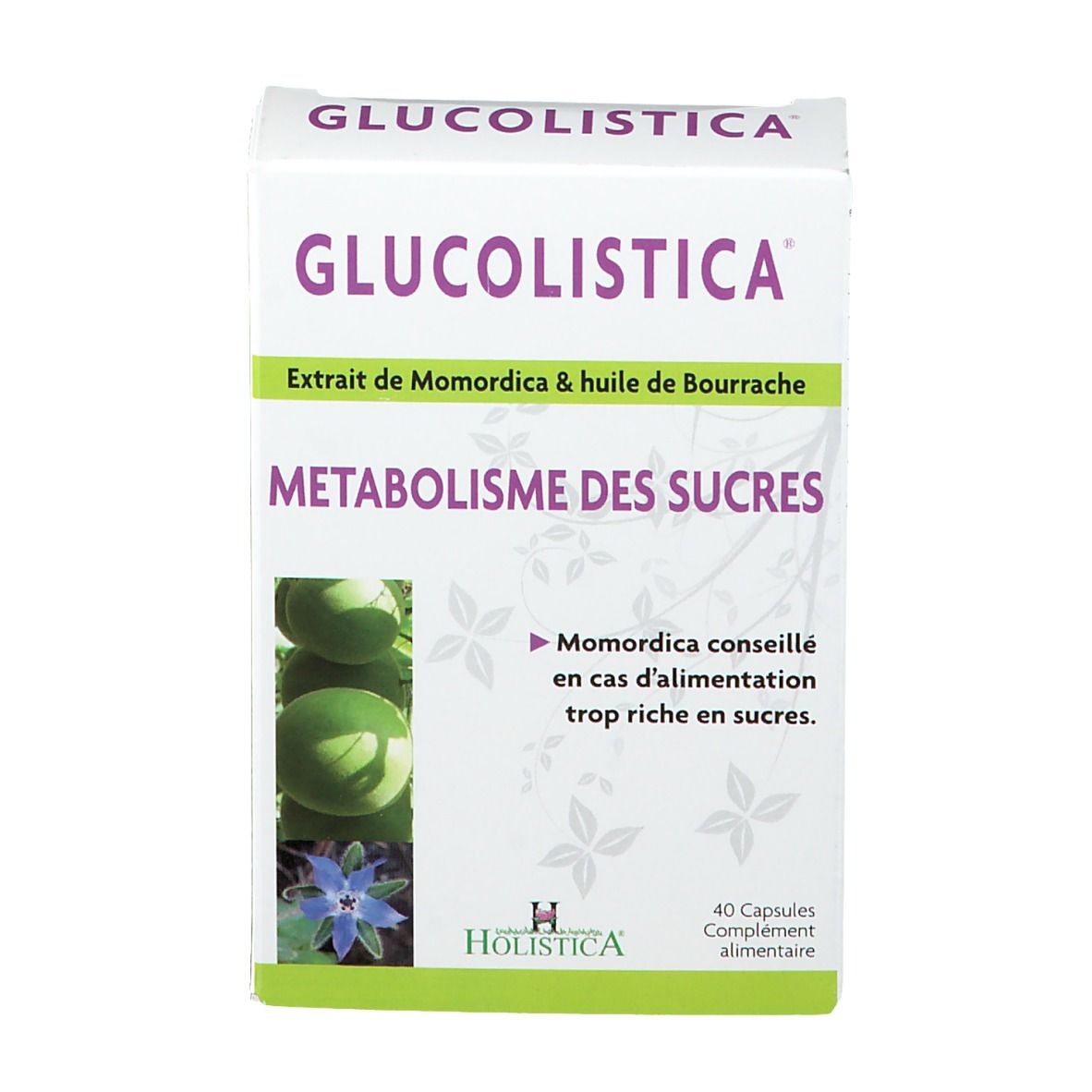 Boîte GLUCOLISTICA. Texte: Extrait de Momordica & huile de Bourrache, METABOLISME DES SUCRES. 40 capsules. Logo HOLISTICA.
