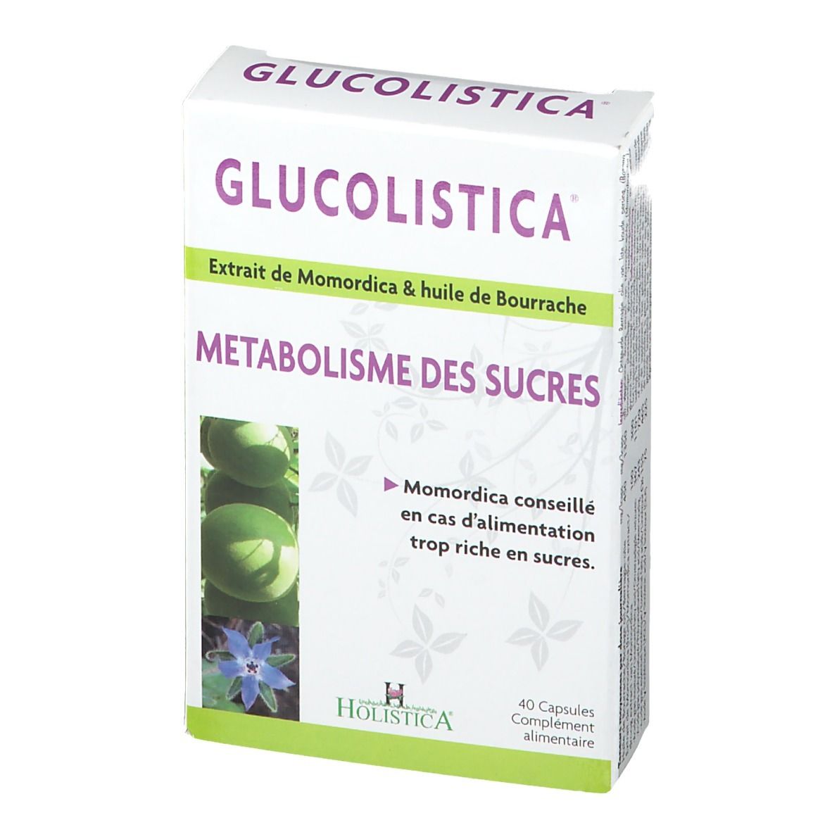 Boîte GLUCOLISTICA. Texte: Extrait de Momordica & huile de Bourrache, METABOLISME DES SUCRES. 40 capsules. Logo HOLISTICA.