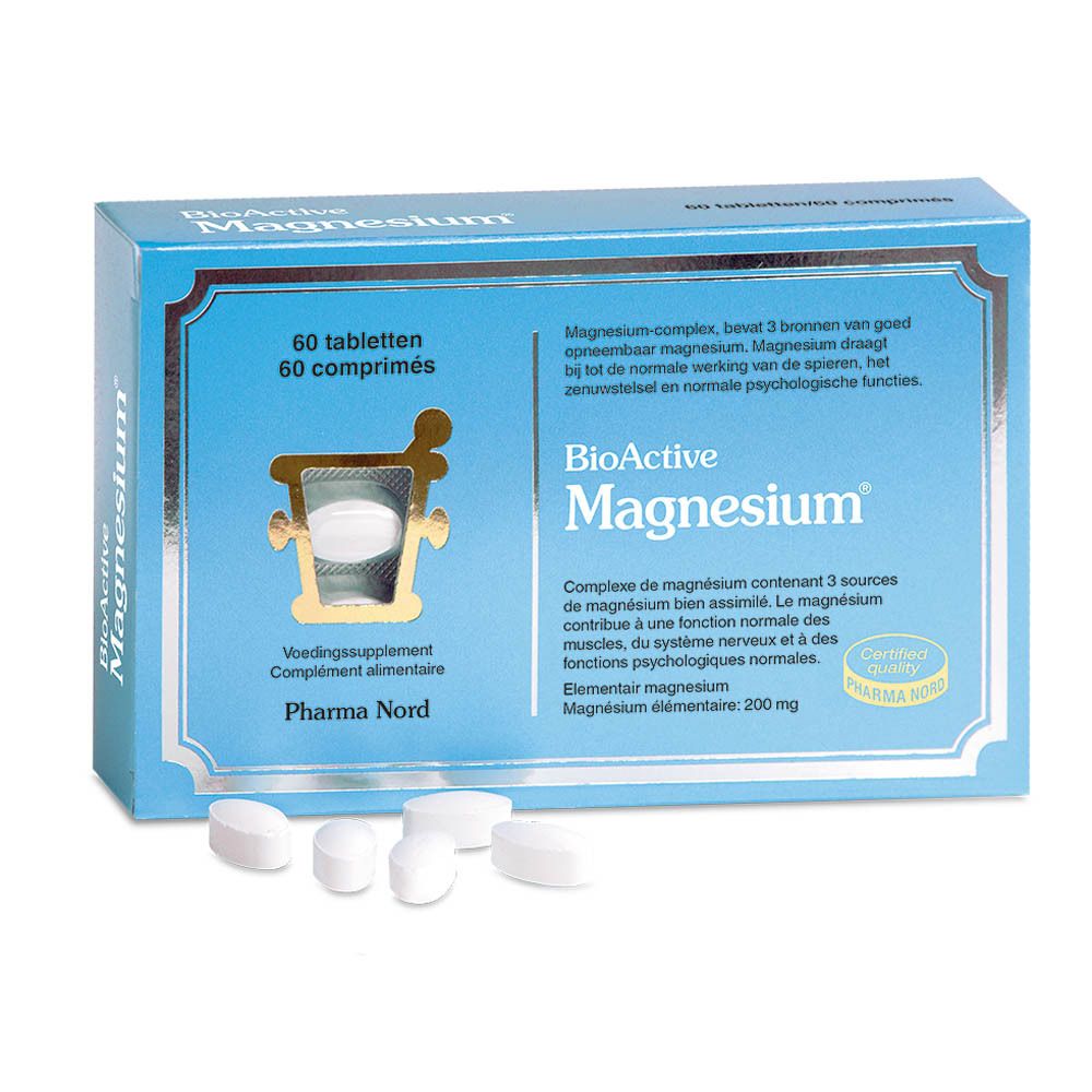 Verpakking 'BioActive Magnesium' met tabletten. 60 tabletten. Pharma Nord. Gecertificeerde kwaliteit.