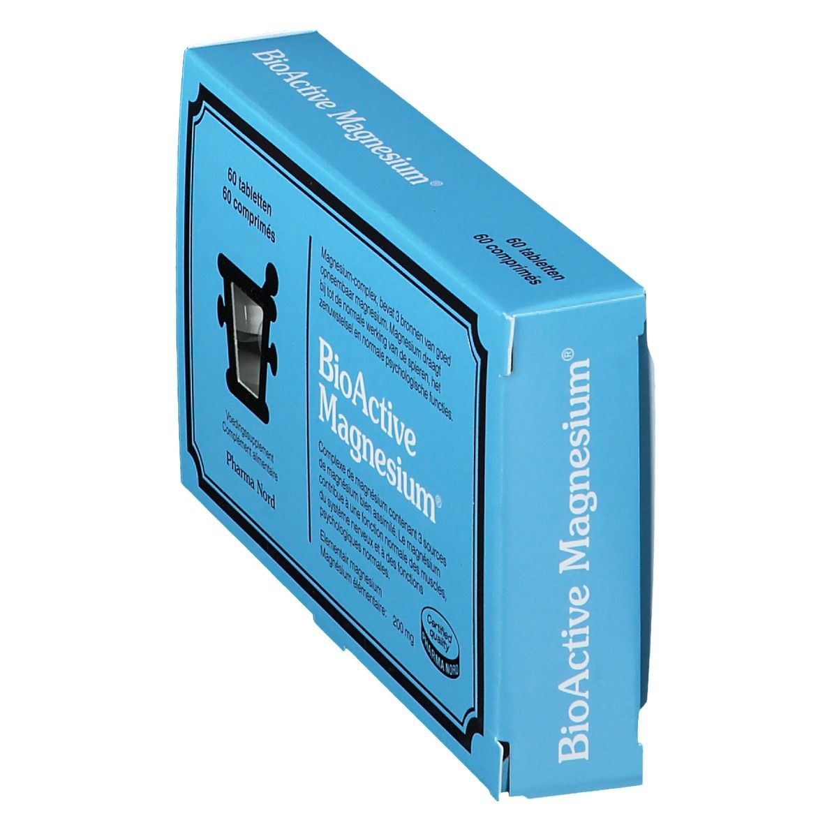 Blaue Schachtel 'BioActive Magnesium'. 60 Tabletten. Pharma Nord. Zertifizierte Qualität.