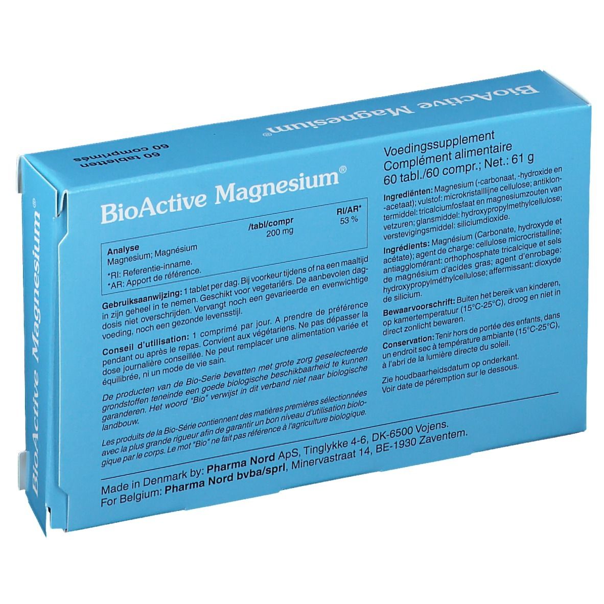 Rückseite der blauen Schachtel 'BioActive Magnesium'. 60 Tabletten. Pharma Nord.