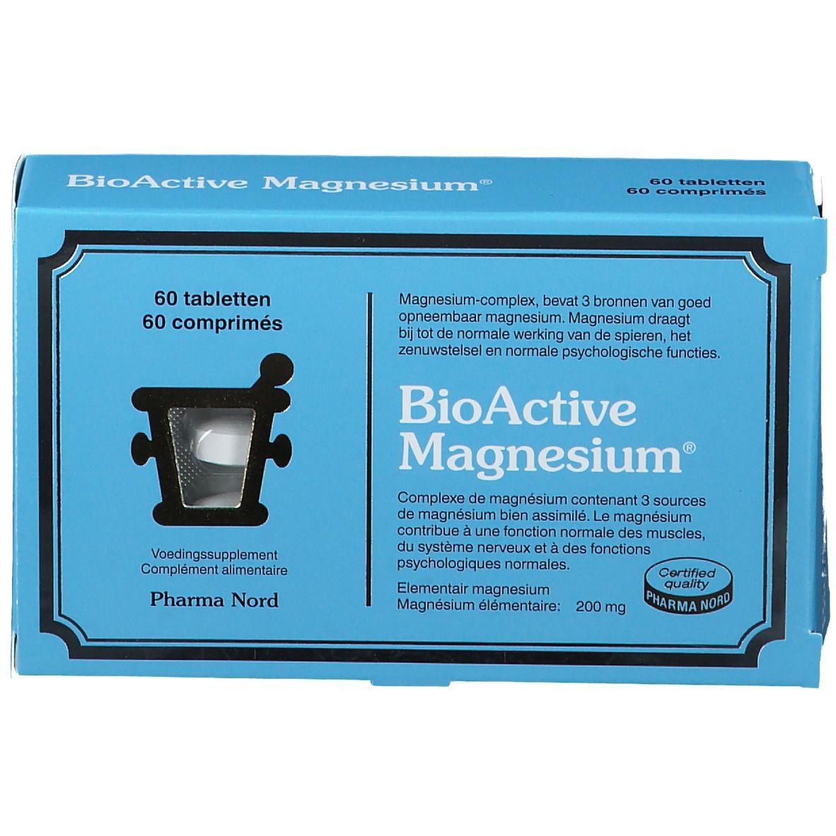 Blaue Schachtel 'BioActive Magnesium'. 60 Tabletten. Pharma Nord. Zertifizierte Qualität.