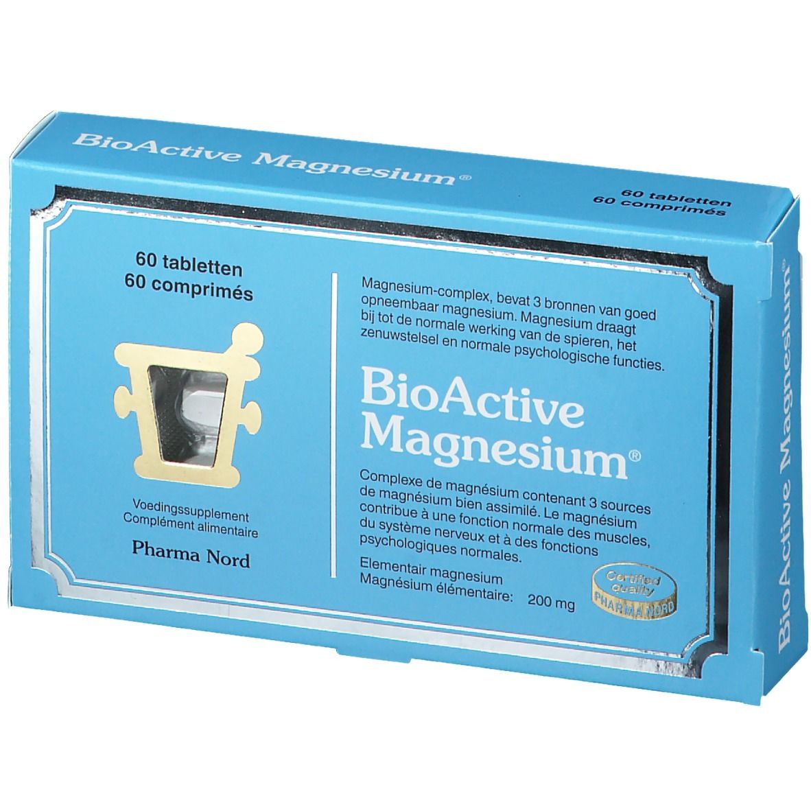 Blaue Schachtel 'BioActive Magnesium'. 60 Tabletten. Pharma Nord. Zertifizierte Qualität.