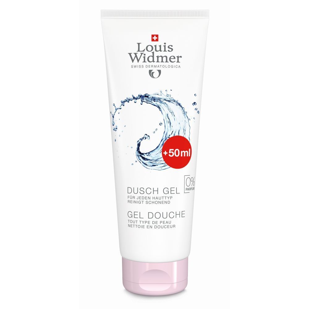 Weiße Tube mit Louis Widmer Logo und Duschgel-Aufdruck. Enthält 50ml extra. Rosa Verschluss.