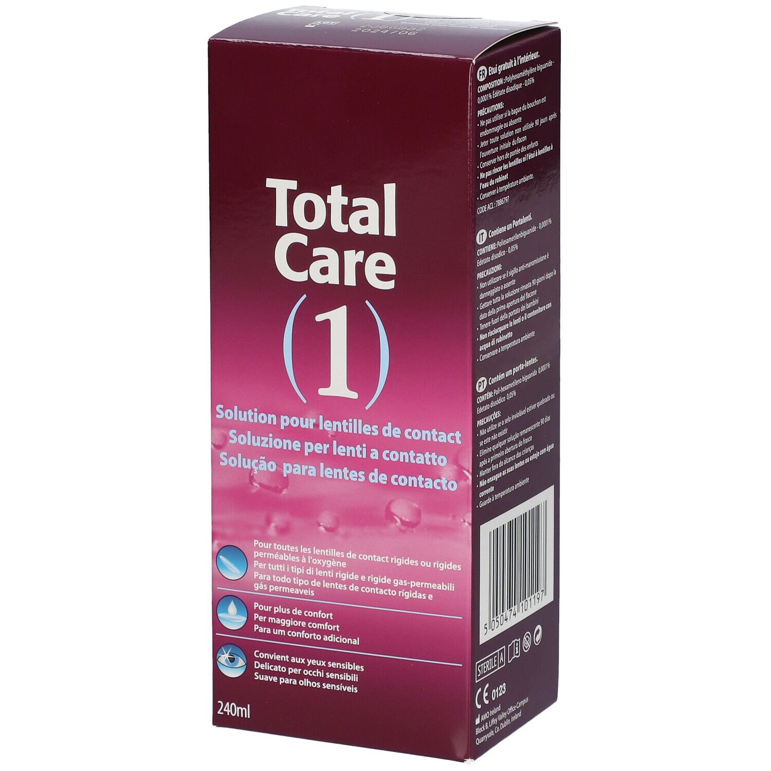 Boîte de Total Care 1, solution pour lentilles. Inscription principale : Solution pour lentilles de contact. Bouteille de 240 ml.