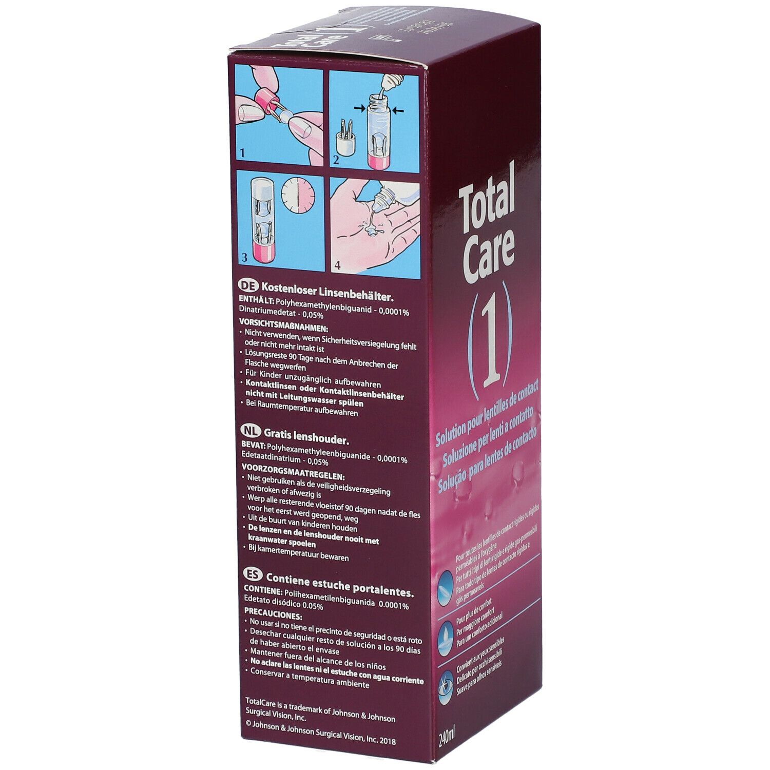 Côté de la boîte Total Care 1 avec instructions et ingrédients. Étui gratuit pour lentilles.