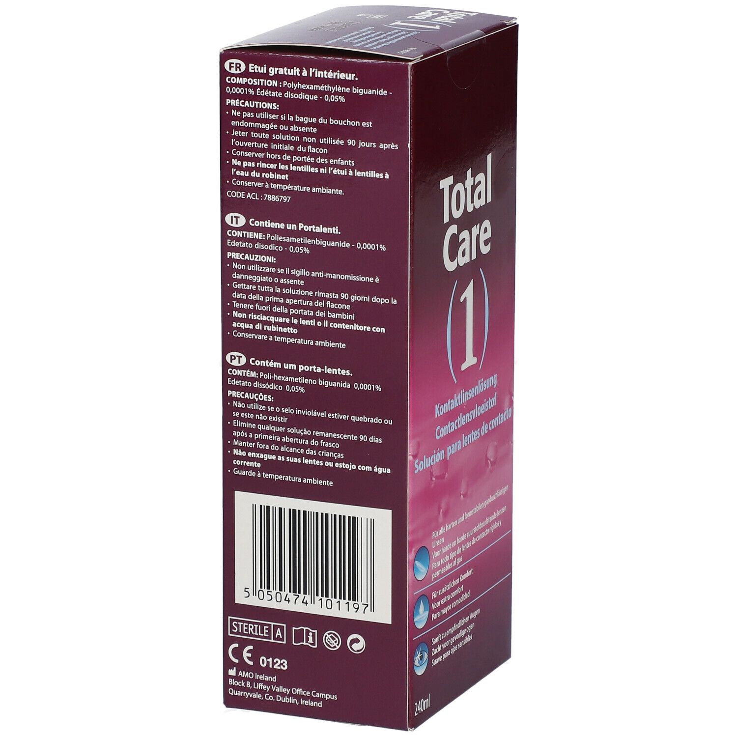 Côté de la boîte Total Care 1 avec ingrédients et avertissements. Marque Sterile A.