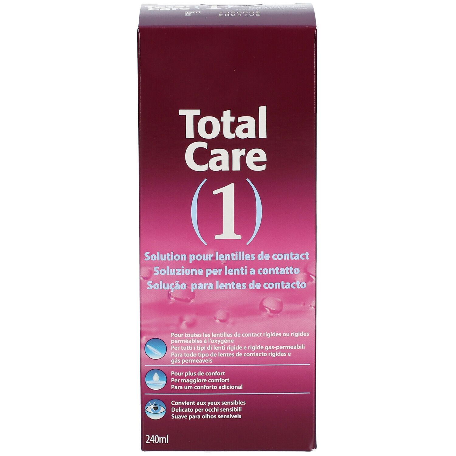 Boîte de Total Care 1, solution pour lentilles. Inscription principale : Solution pour lentilles de contact. Bouteille de 240 ml.