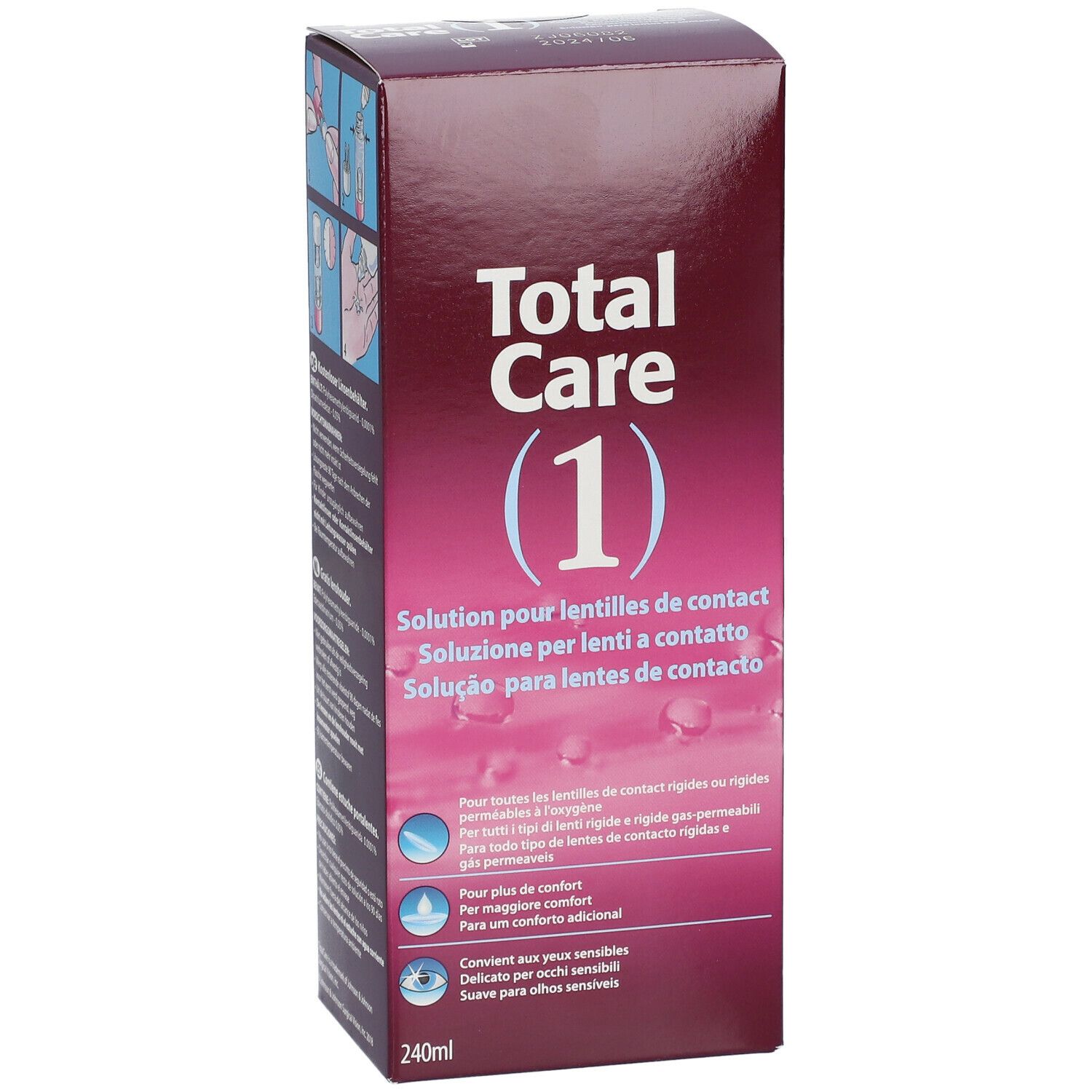 Boîte de Total Care 1, solution pour lentilles. Inscription principale : Solution pour lentilles de contact. Bouteille de 240 ml.