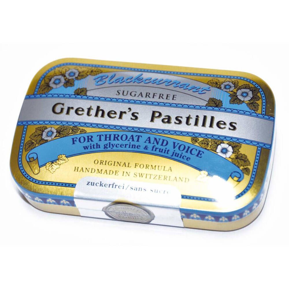 Gouden doos met opschrift 'Grether's Pastilles'. Blauwe en gouden versieringen. Deksel gesloten.