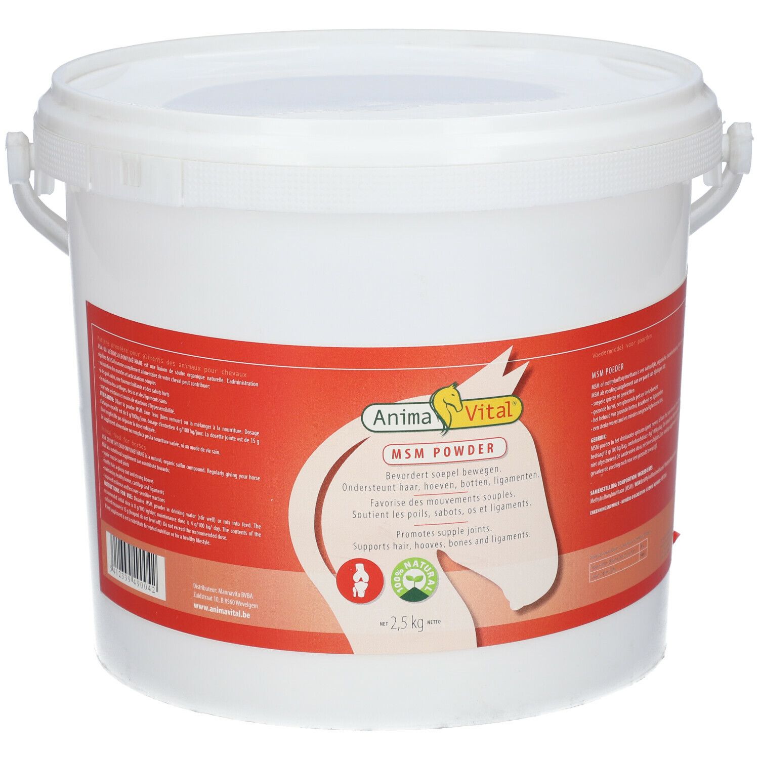 Seau blanc avec couvercle et poignée. Autocollant rouge avec informations sur le produit et logo. Inscription: Anima Vital MSM Powder.