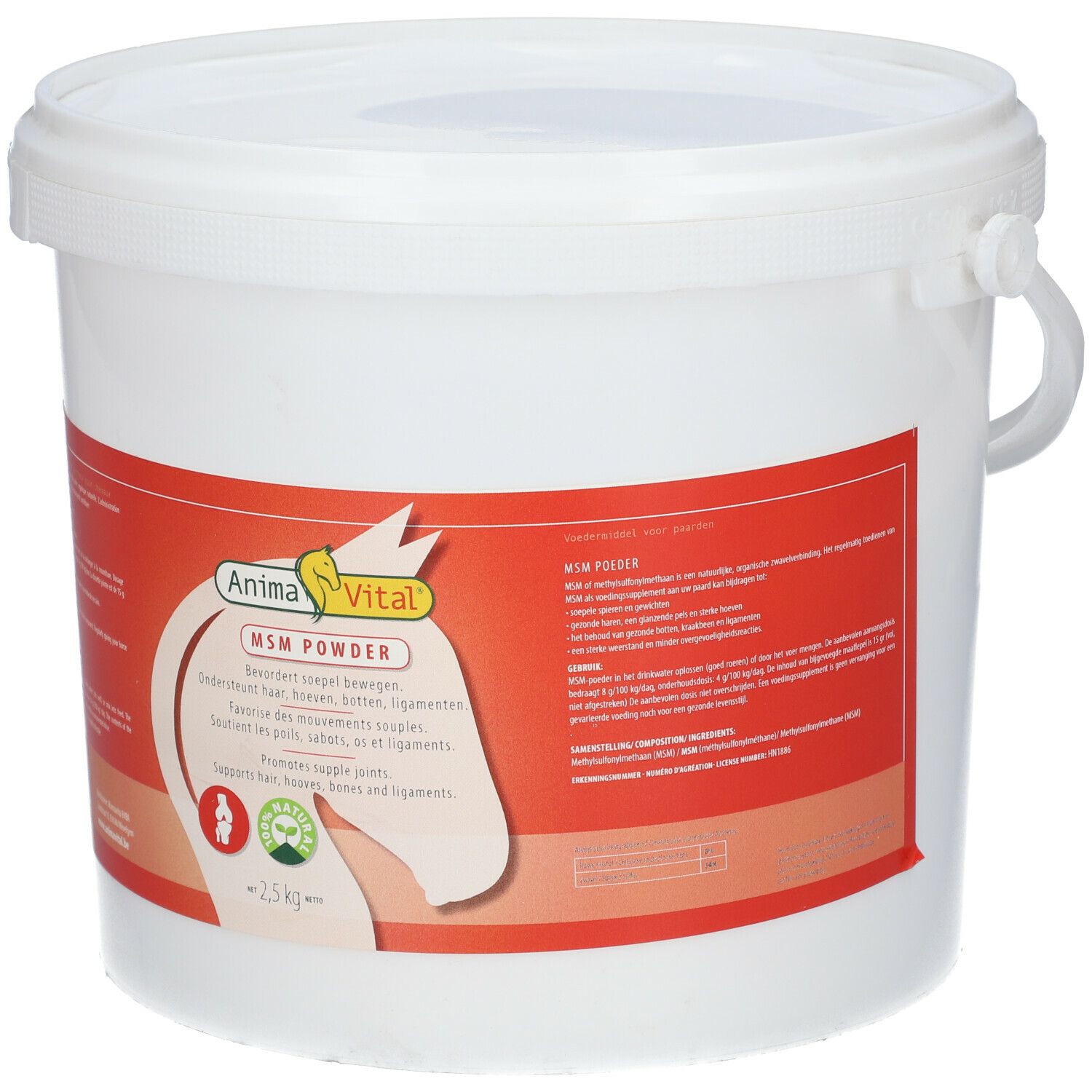 Seau blanc avec couvercle et poignée. Autocollant rouge avec informations sur le produit et logo. Inscription: Anima Vital MSM Powder.