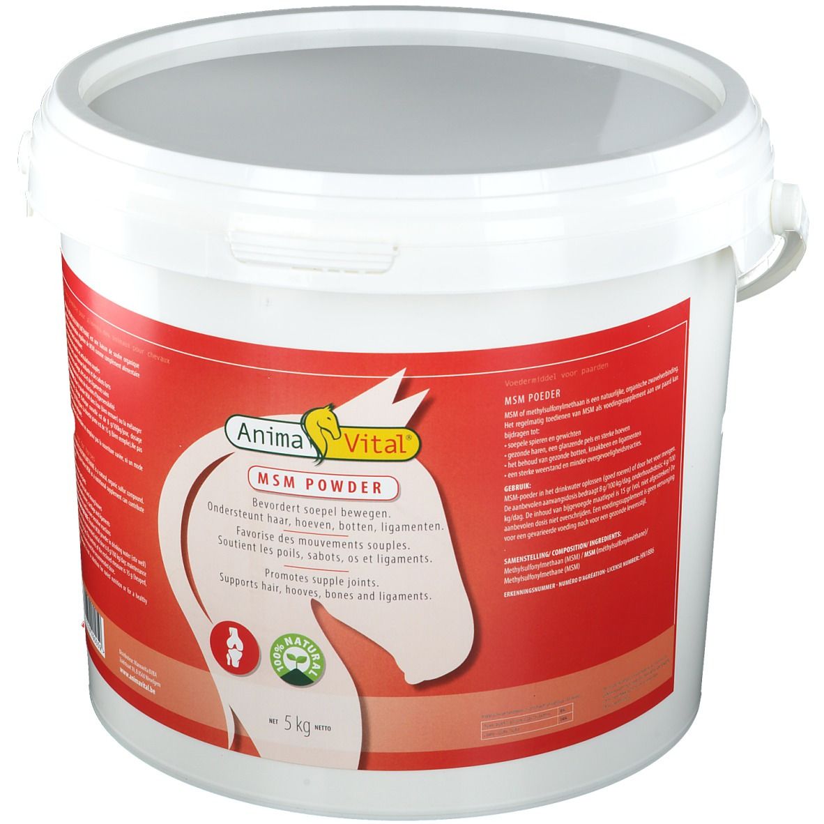 Witte emmer met rood etiket. Opschrift: Animavital MSM Powder. Bevat informatie in meerdere talen. Natuur-logo.
