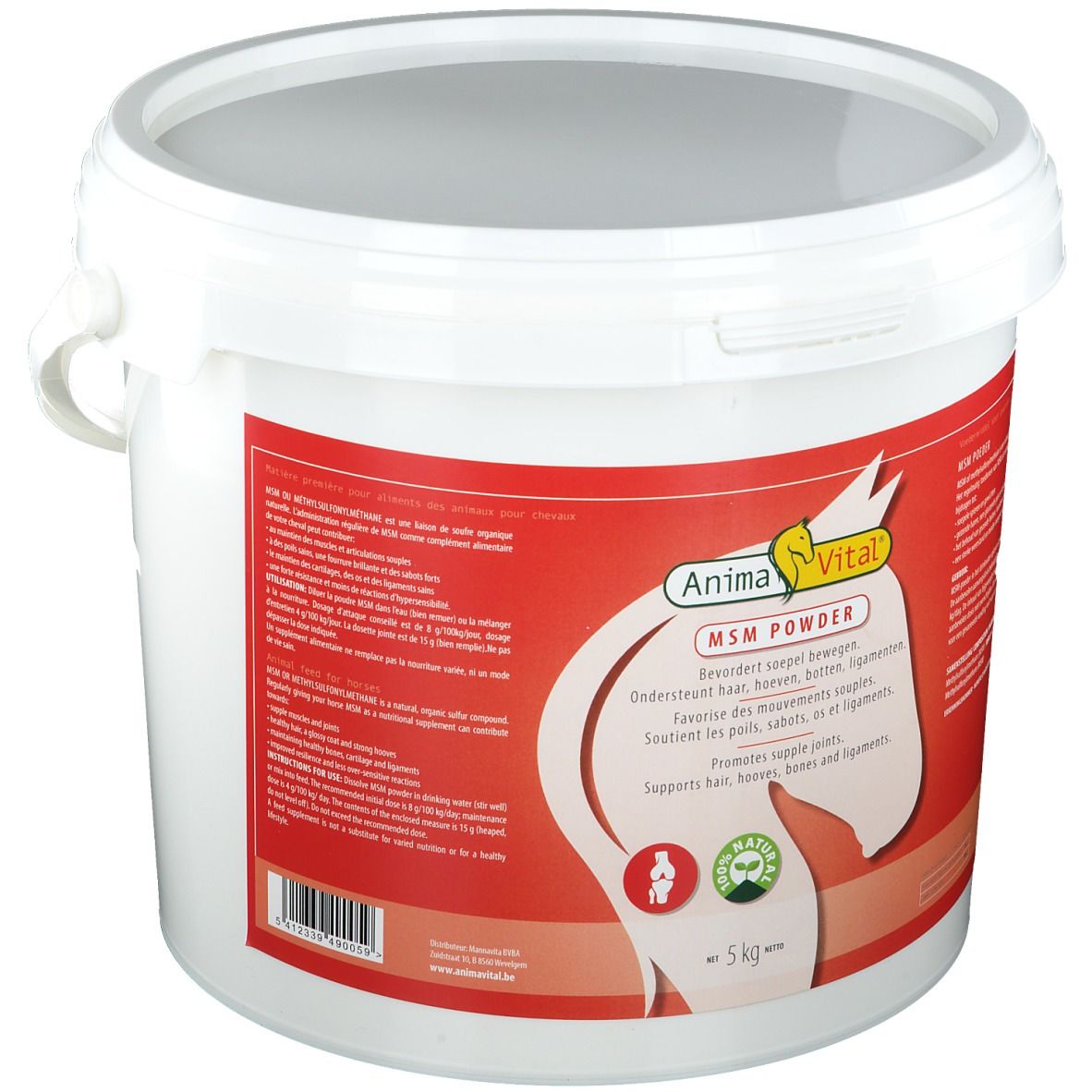 Witte emmer met rood etiket. Opschrift: Animavital MSM Powder. Bevat informatie in meerdere talen. Natuur-logo.