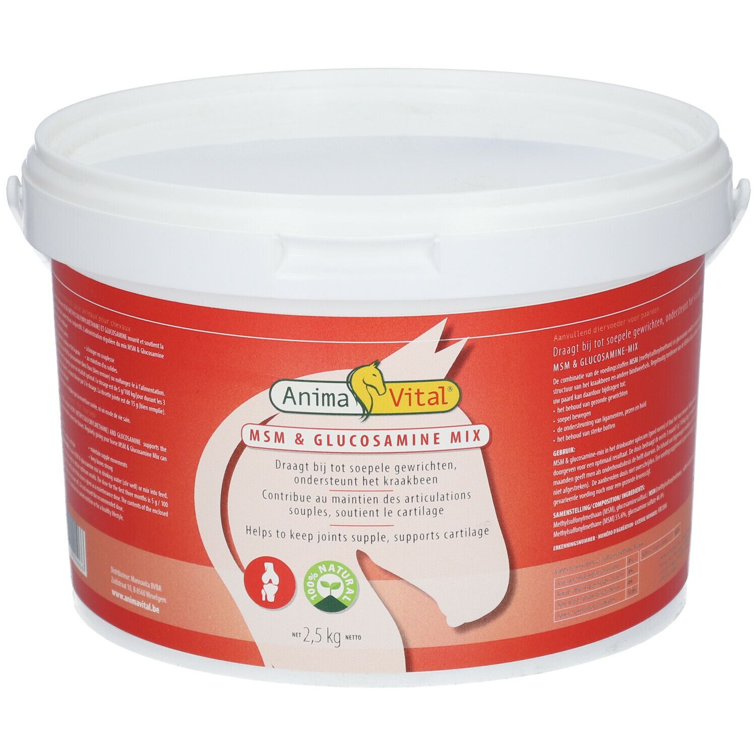 Weißer Eimer mit rotem Etikett. AnimaVital® MSN & Glucosamine Mix, Pferdekopf-Logo, 100% natürlich. Netto 2,5 kg.