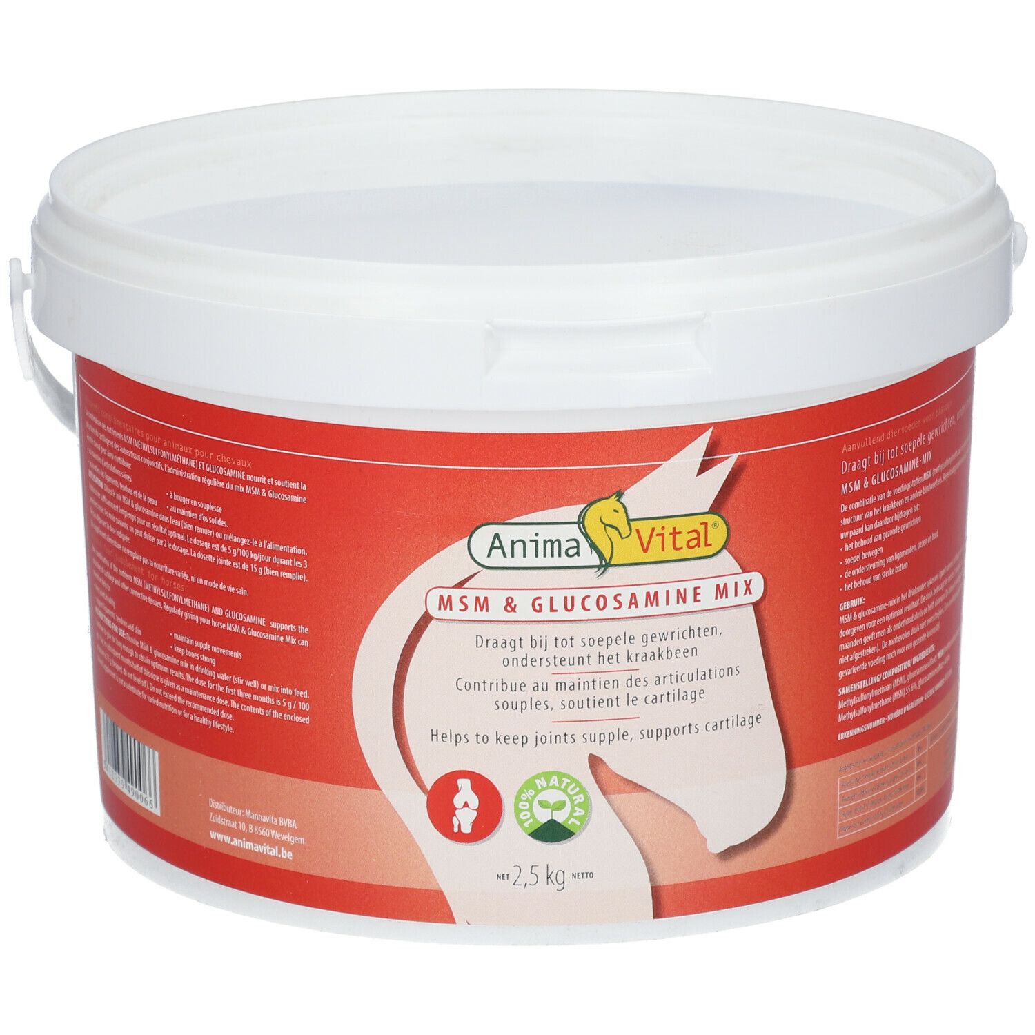 Weißer Eimer mit rotem Etikett. AnimaVital® MSN & Glucosamine Mix, Pferdekopf-Logo, 100% natürlich. Netto 2,5 kg.