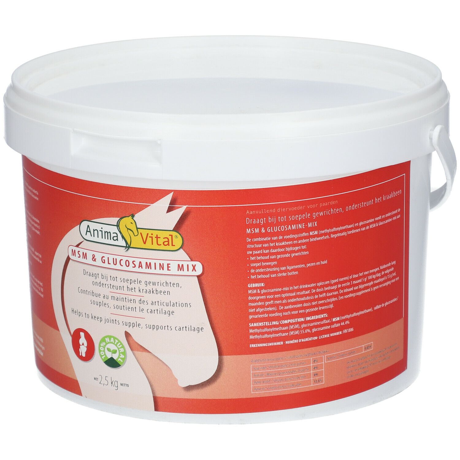 Weißer Eimer mit rotem Etikett. AnimaVital® MSN & Glucosamine Mix, Pferdekopf-Logo, 100% natürlich. Netto 2,5 kg.