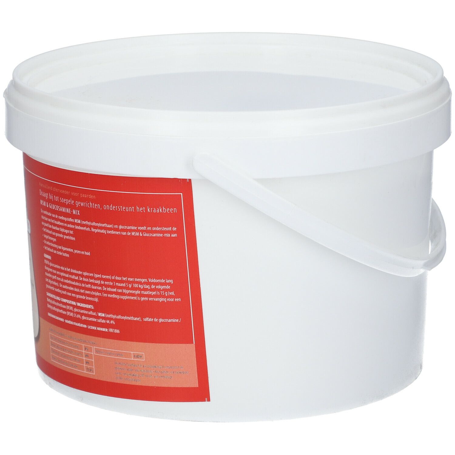 Weißer Eimer, rotes Etikett mit Text. AnimaVital® MSN & Glucosamine Mix. Text und Informationen.