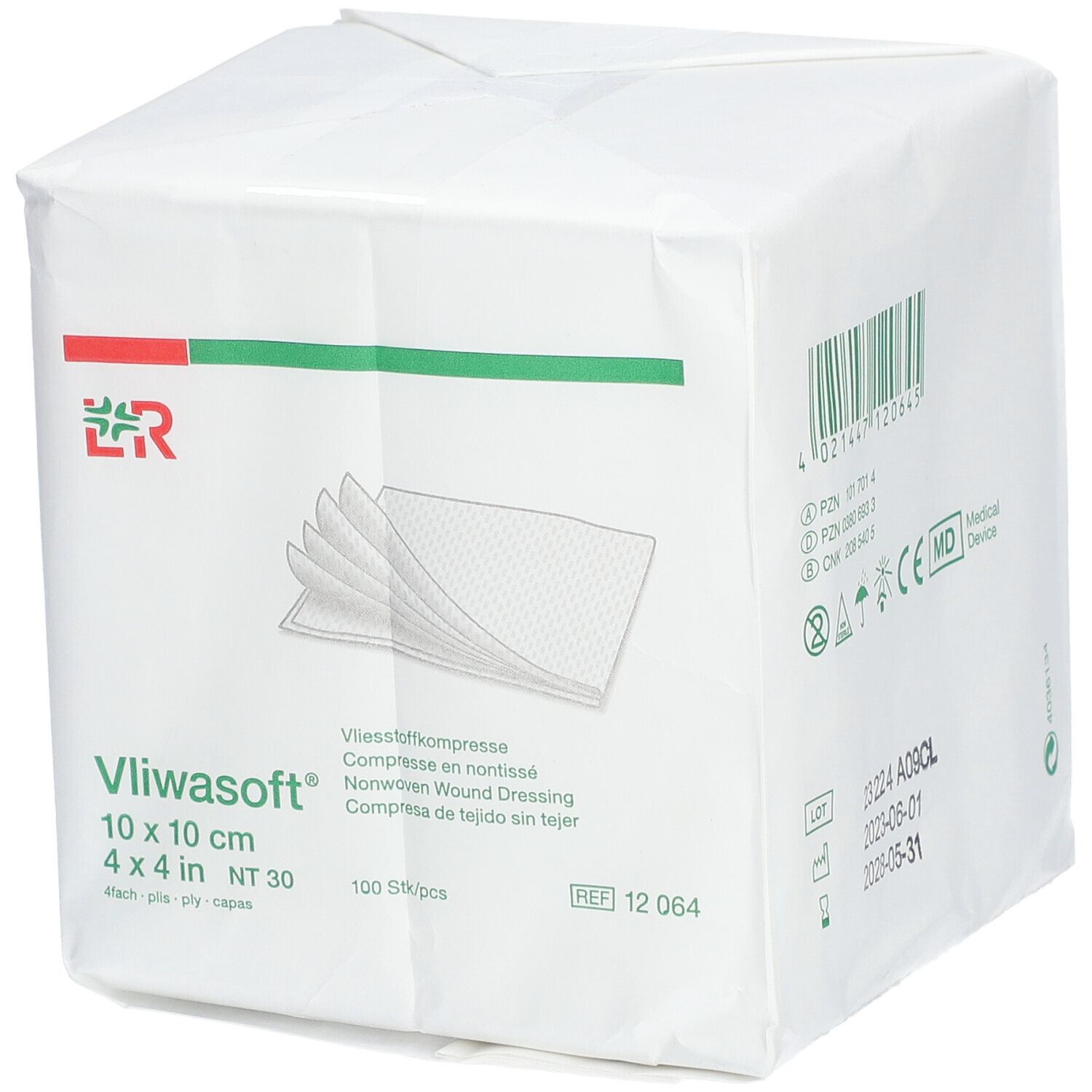 Emballage de compresses non tissées Vliwasoft 10 x 10 cm. 100 pièces. Inscriptions : Vliwasoft, 4 plis, NT30, REF 12 064.