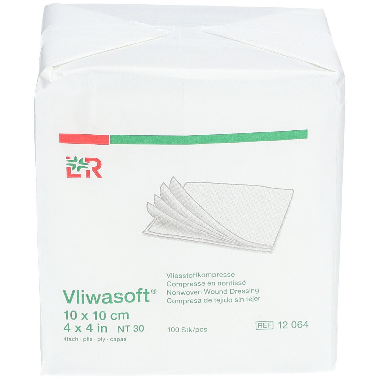 Emballage de compresses non tissées Vliwasoft 10 x 10 cm. Inscriptions : Vliwasoft, 4 plis, NT30, 100 pièces.