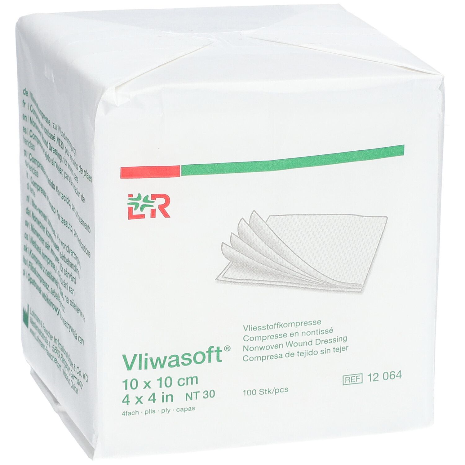 Emballage de compresses non tissées Vliwasoft 10 x 10 cm. Inscriptions : Vliwasoft, 4 plis, NT30, 100 pièces.