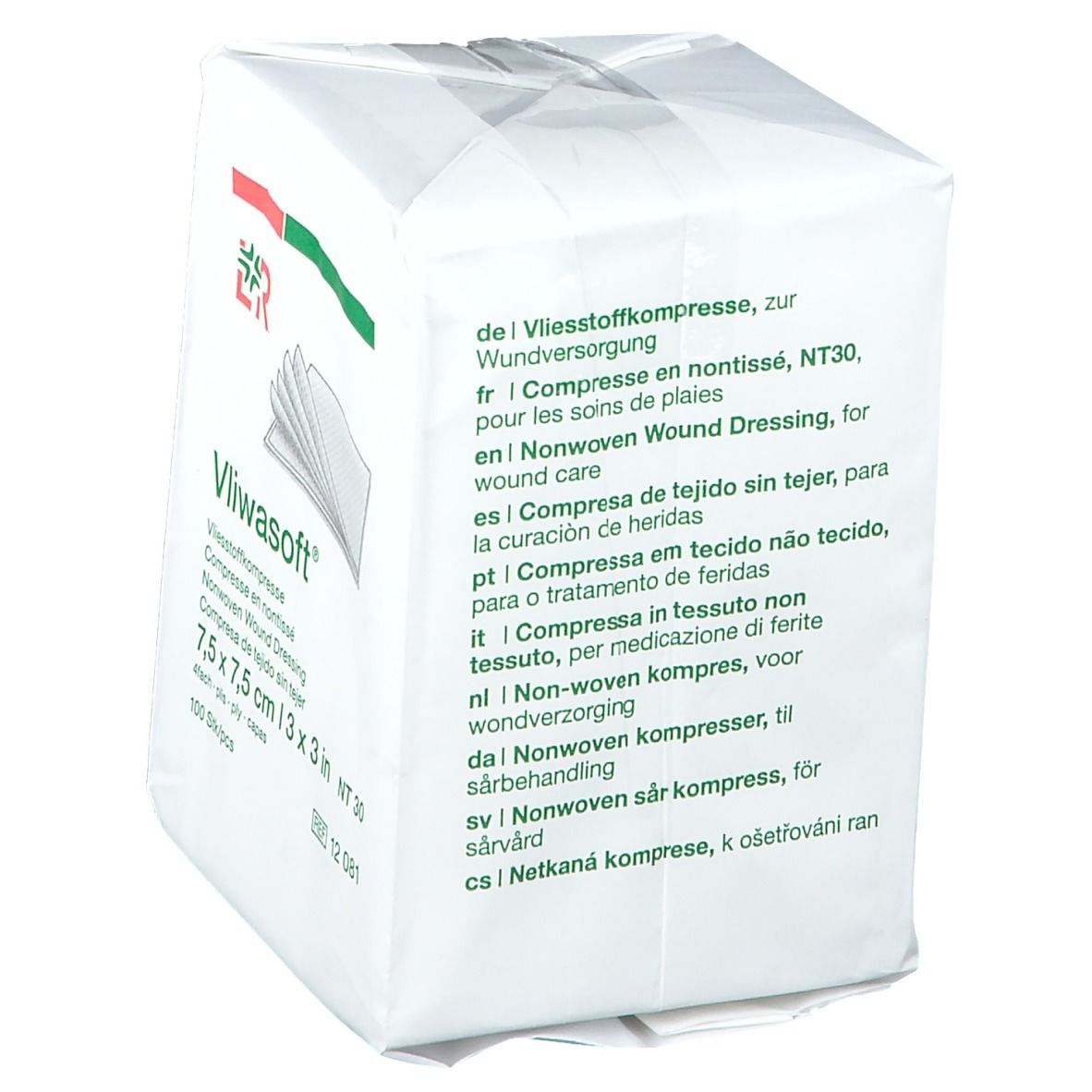 Emballage Vliwasoft avec informations produit multilingues. 7,5 x 7,5 cm. Non tissé.