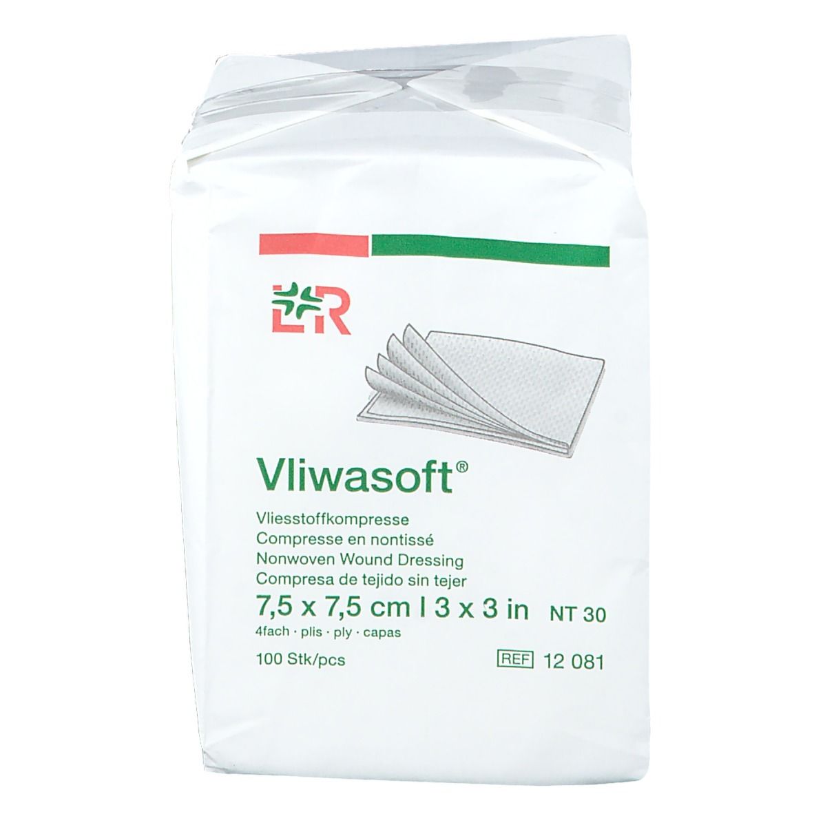 Paquet Vliwasoft. 7,5 x 7,5 cm. Compresses non tissées. 100 pièces. Nom et logo.