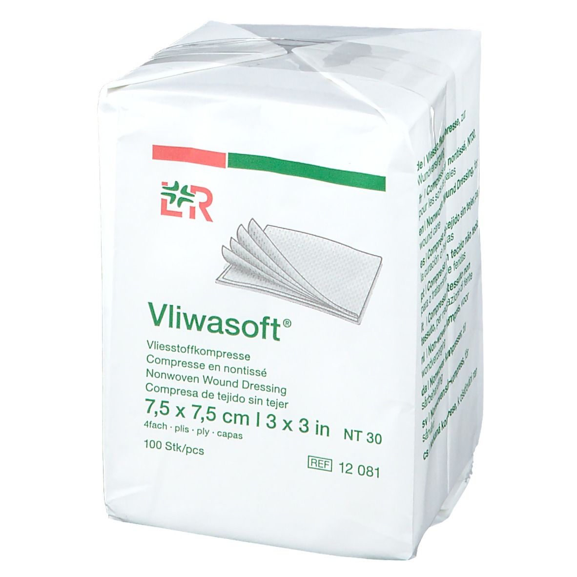 Paquet Vliwasoft. 7,5 x 7,5 cm. Non tissé. 100 pièces. Nom et logo clairement visibles.