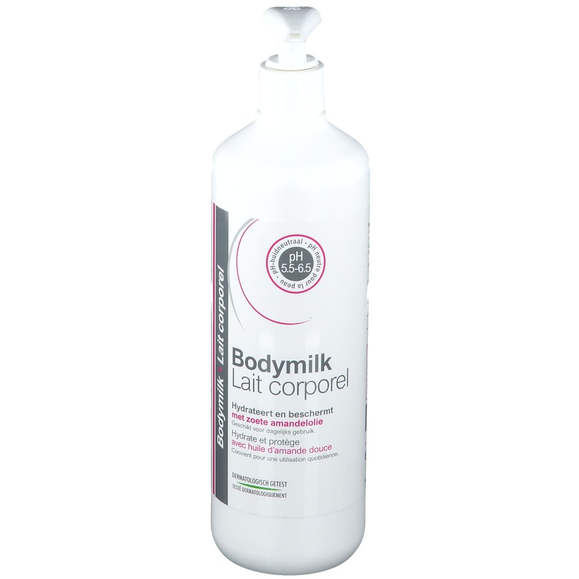 Flacon blanc avec pompe. Inscription: Bodymilk Lait corporel. pH 5.5-6.5. À l'huile d'amande douce. Testé dermatologiquement.