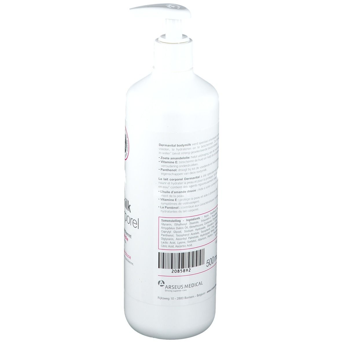 Flacon blanc avec pompe. Dos avec ingrédients et informations fabricant. Volume: 500 ml.