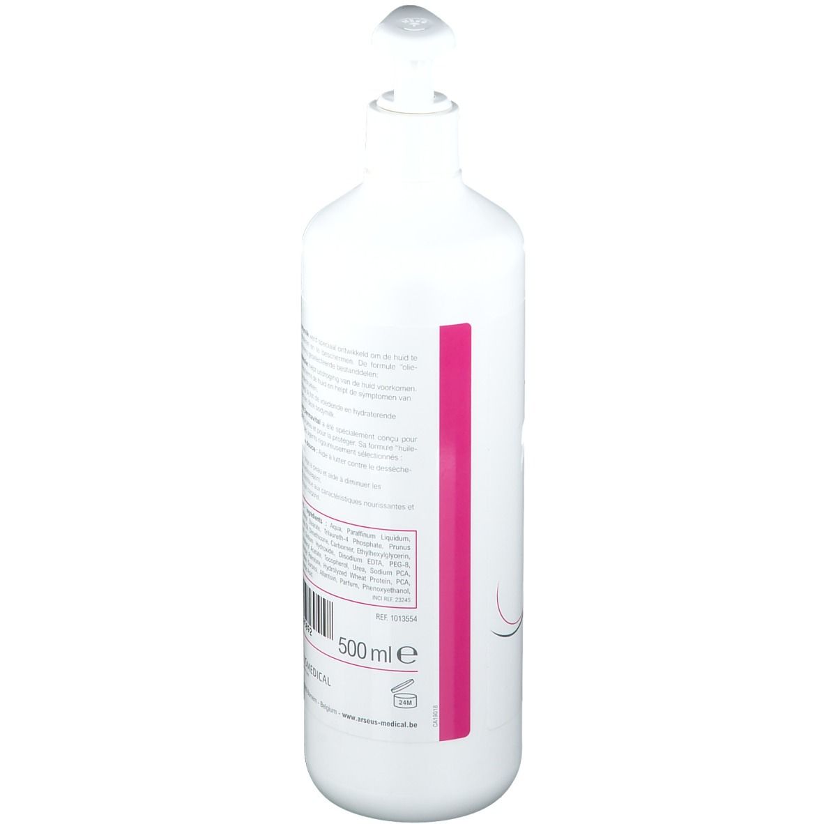 Flacon blanc avec pompe. Dos avec ingrédients et informations fabricant. Volume: 500 ml.