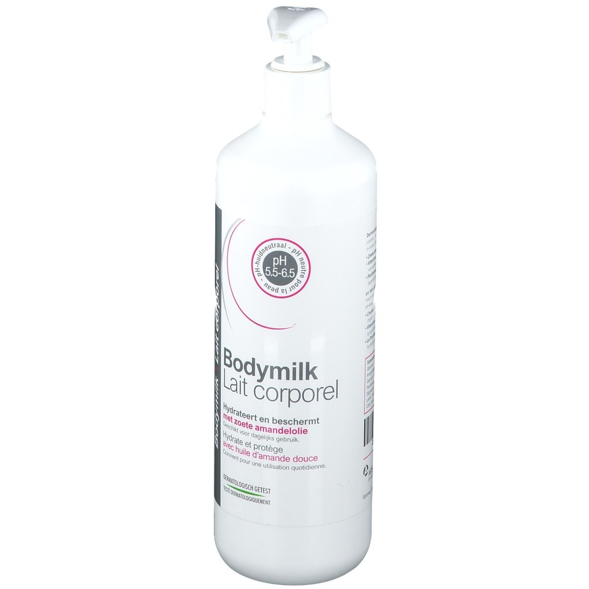 Flacon blanc avec pompe. Inscription: Bodymilk Lait corporel. pH 5.5-6.5. À l'huile d'amande douce. Testé dermatologiquement.