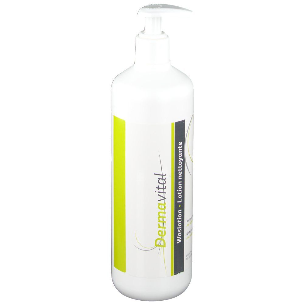 Flacon blanc avec pompe doseuse. Inscription : Dermavital. Étiquette vert-gris.