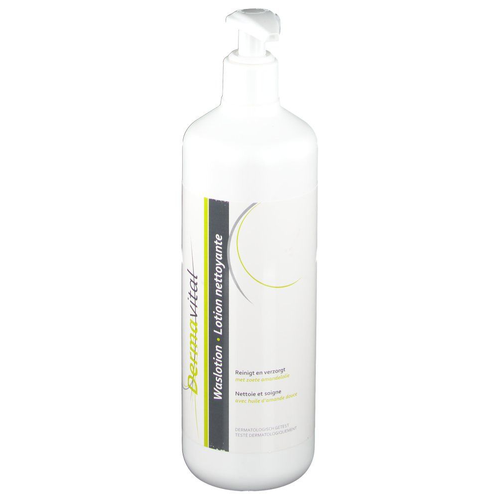 Flacon blanc avec pompe doseuse. Inscription : Dermavital. Waslotion - Lotion nettoyante. Étiquette vert-gris.
