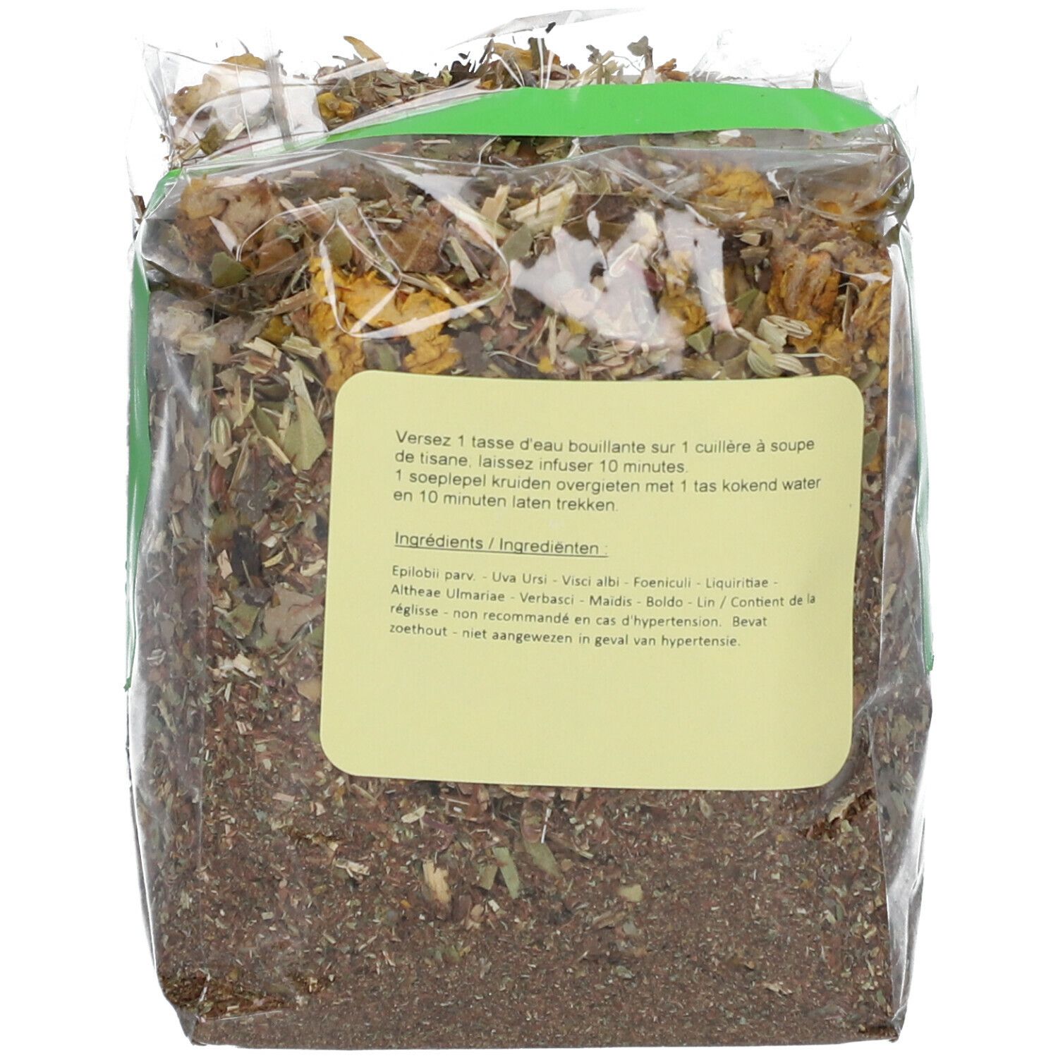 Dos du sachet de tisane. Étiquette avec liste des ingrédients et instructions.