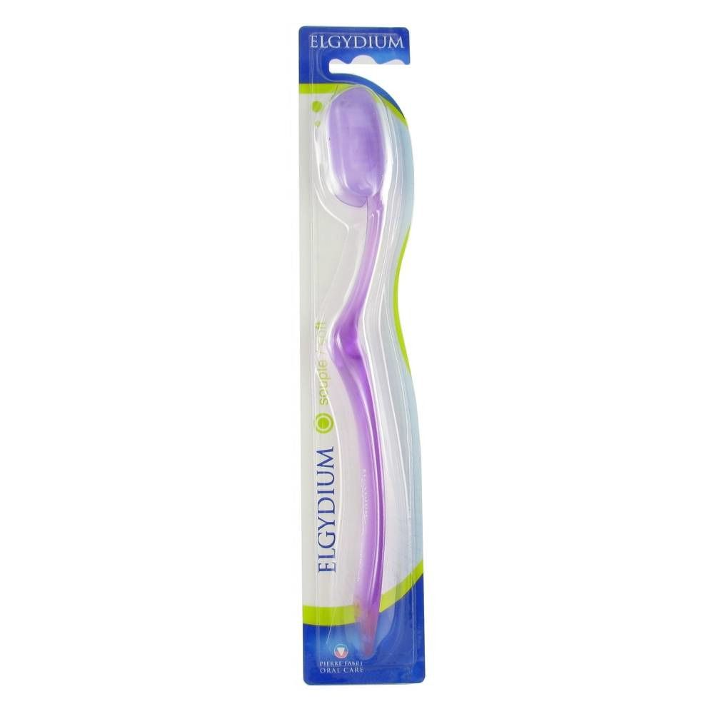 Brosse à dents ELGYDIUM CREATION LAGOON, emballée. Tête et manche violets.