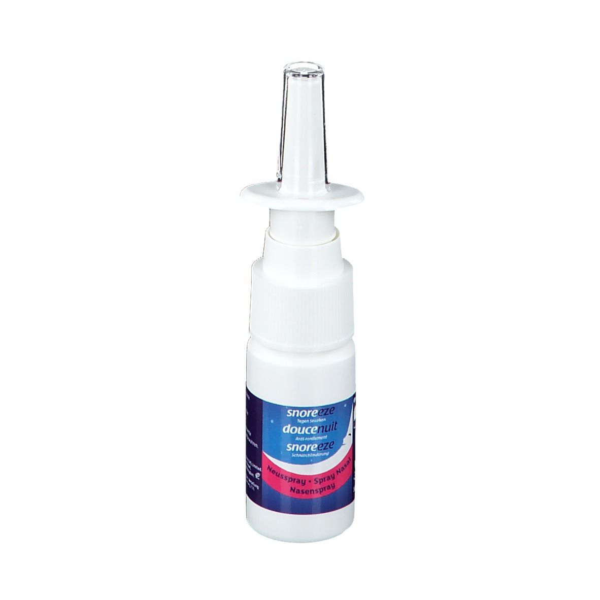 Nasenspray-Flasche, weiß mit blau-roter Beschriftung. Aufschrift: Snoreeze, Douce nuit, Nasenspray.