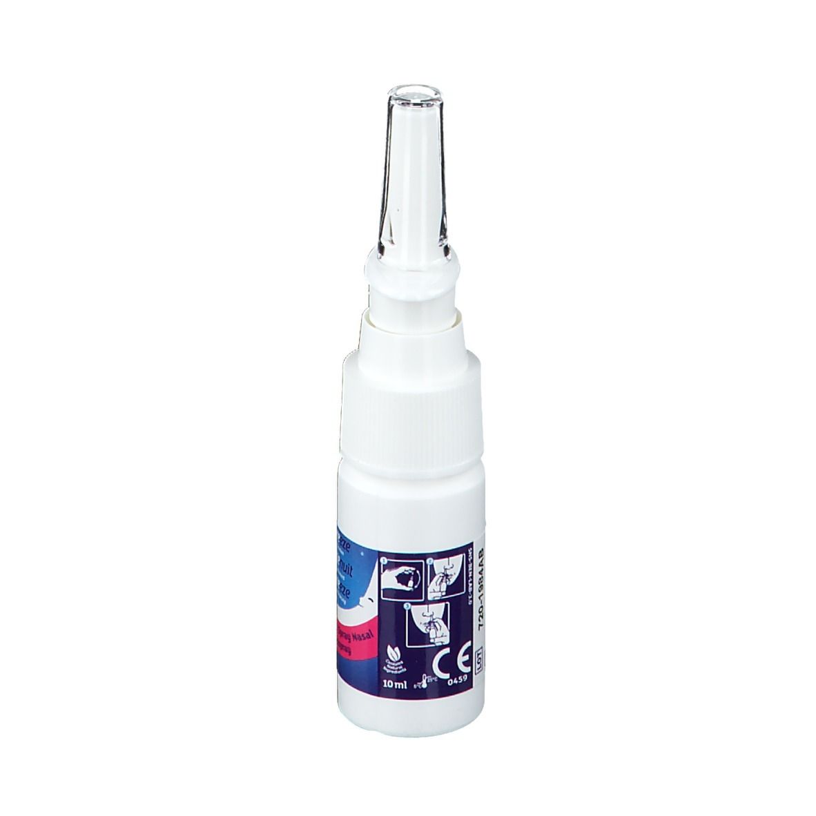 Weiße Nasenspray-Flasche mit blau-roter Beschriftung. Aufschrift: Snoreeze. CE-Kennzeichnung und Piktogramme.