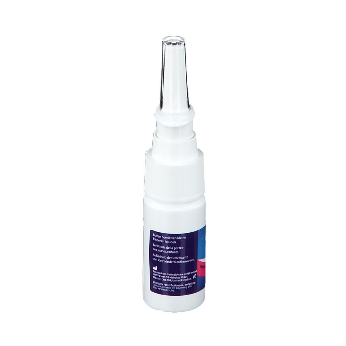 Weiße Nasenspray-Flasche mit blau-roter Beschriftung. Aufschrift: Snoreeze. Text in mehreren Sprachen.
