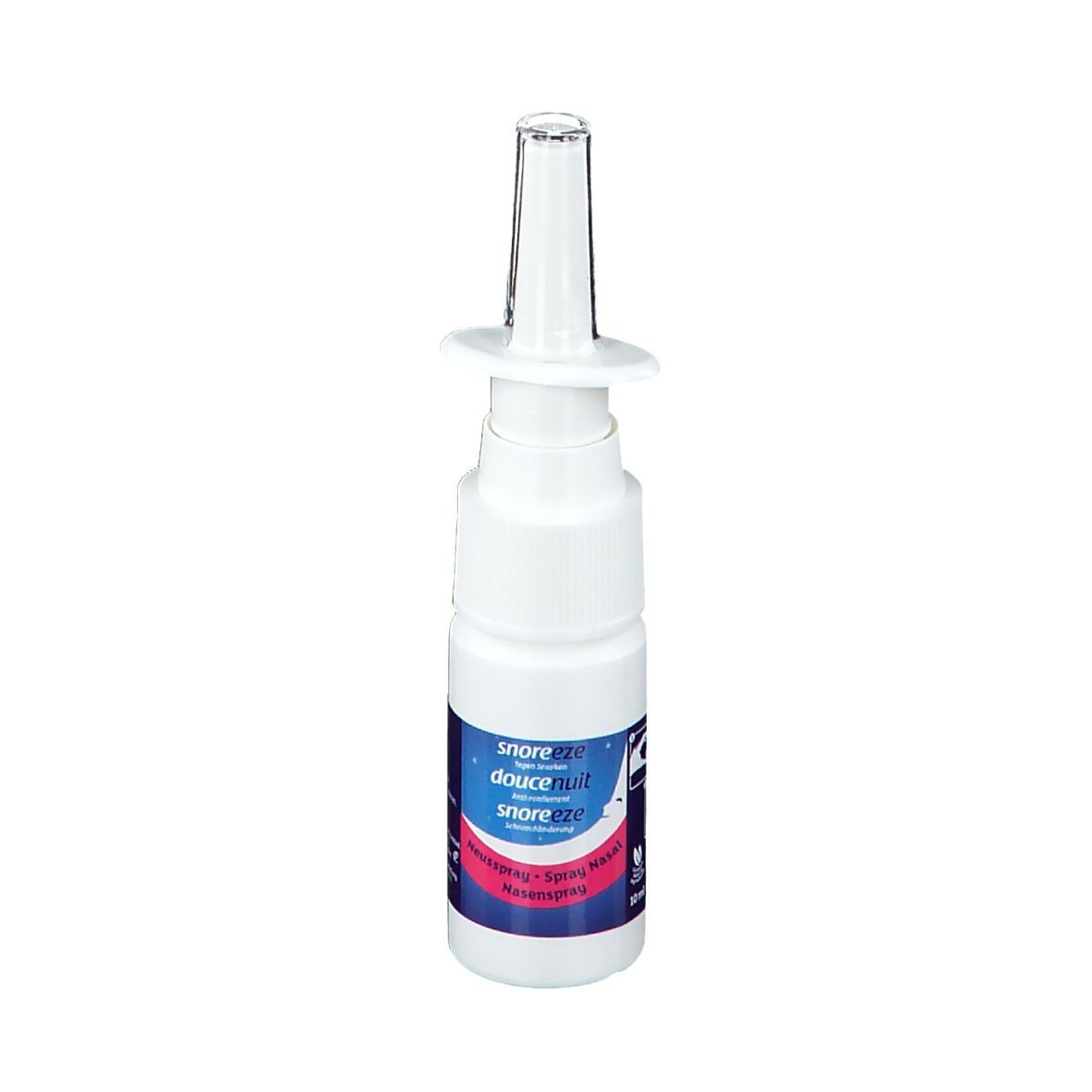 Weiße Nasenspray-Flasche mit blau-roter Beschriftung. Aufschrift: Snoreeze, Douce nuit, Nasenspray.
