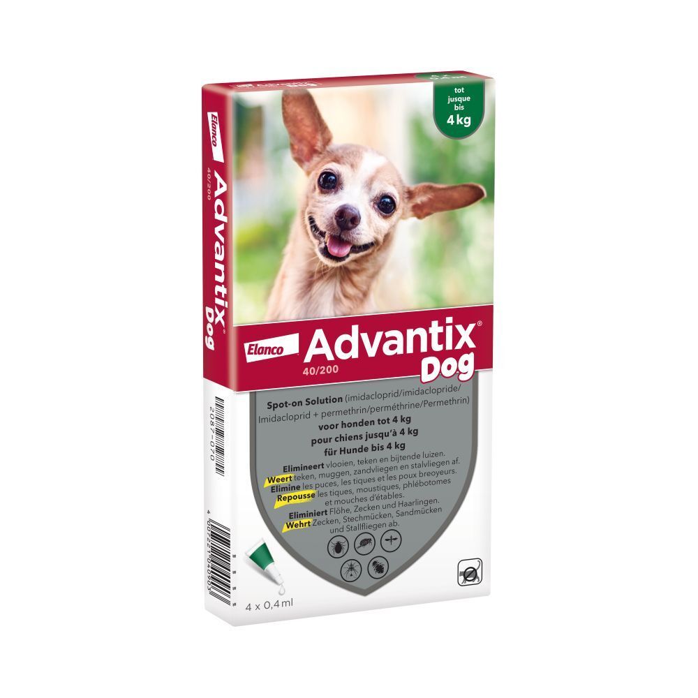 Boîte Advantix Dog. Contient 4 x 0,4 ml. Pour chiens jusqu'à 4 kg. Logo Elanco. Image d'un chien.