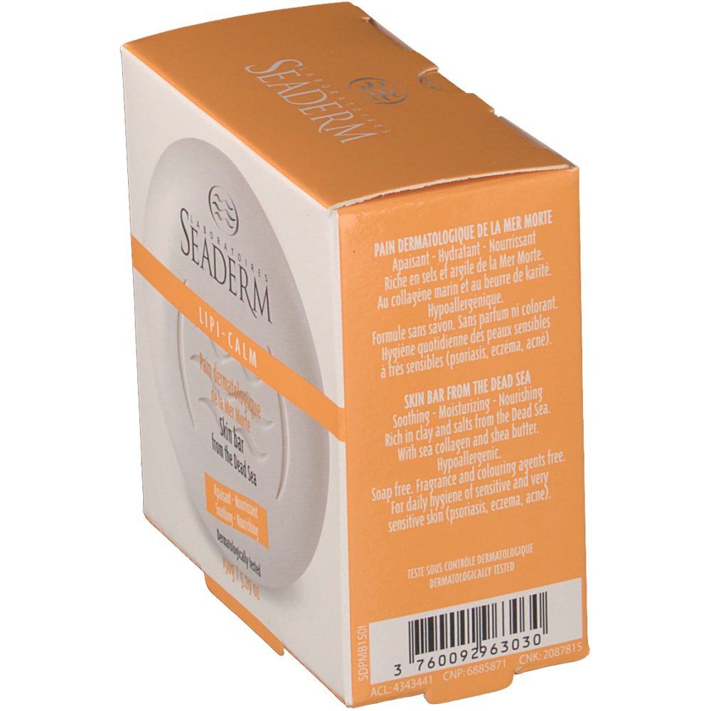 Oranje en witte verpakking. Opschrift: Seaderm, Lipo-Calm, Pain Dermatologique de la Mer Morte, Skin Bar from the Dead Sea. Streepjescode.
