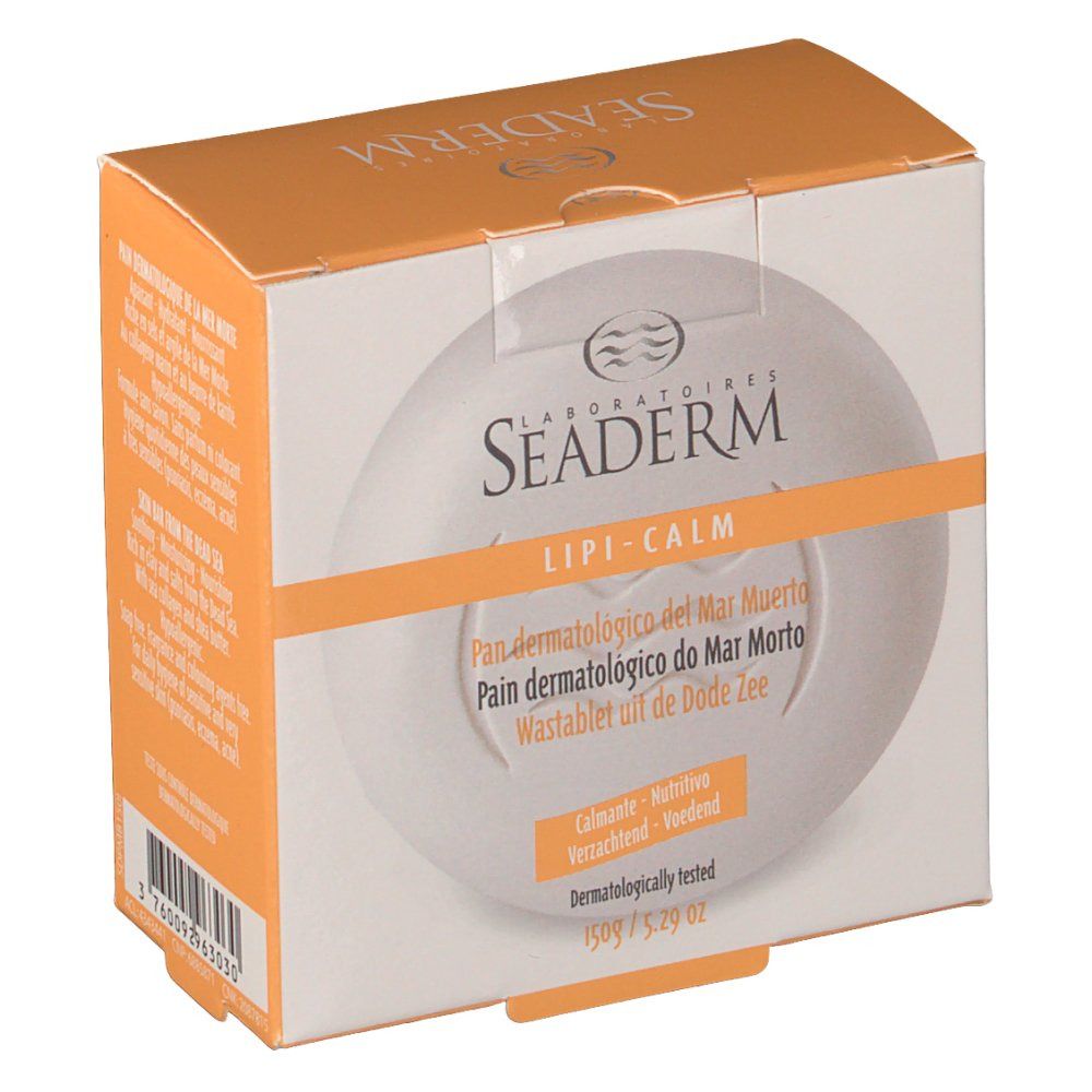 Verpakking met rond product. Opschrift: Seaderm, Lipo-Calm, Pain Dermatologique del Mar Muerto, Waschbar uit de Dode Zee.