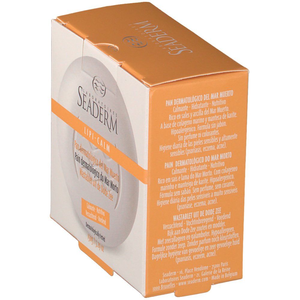 Oranje en witte verpakking. Opschrift: Seaderm, Lipo-Calm, Pain Dermatologique del Mar Muerto, Waschbar uit de Dode Zee. Tekst.