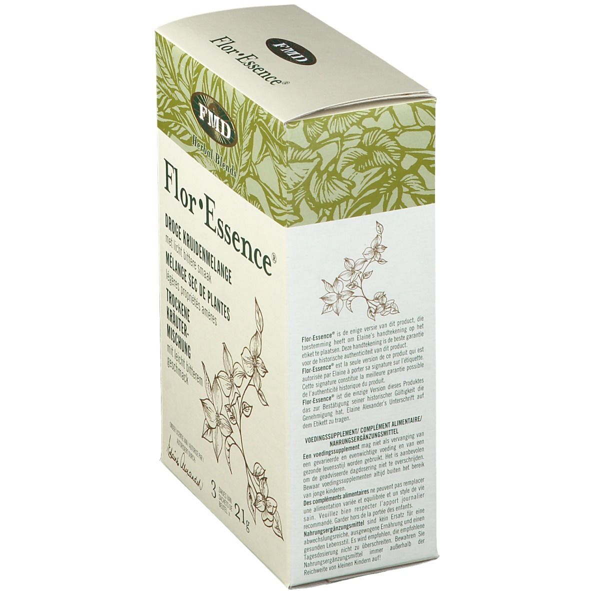 Schrägansicht der Flor-Essence Kräutermischung Verpackung. Text in Deutsch, Niederländisch, Französisch. 3 Beutel, 21g.